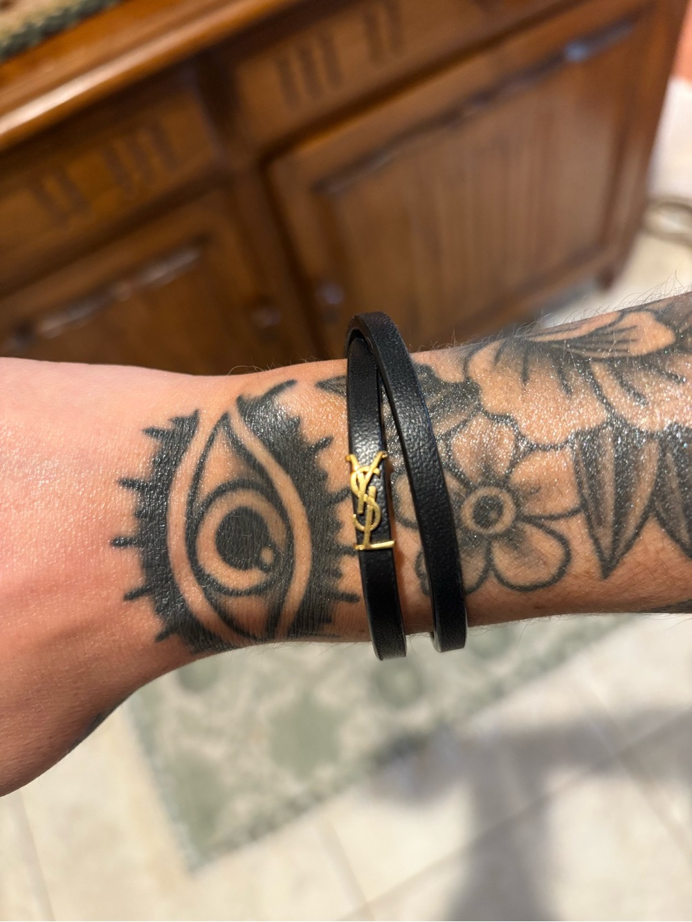 Saint Laurent Black Double-Wrap Leather Bracelet with Gold YSL Charm